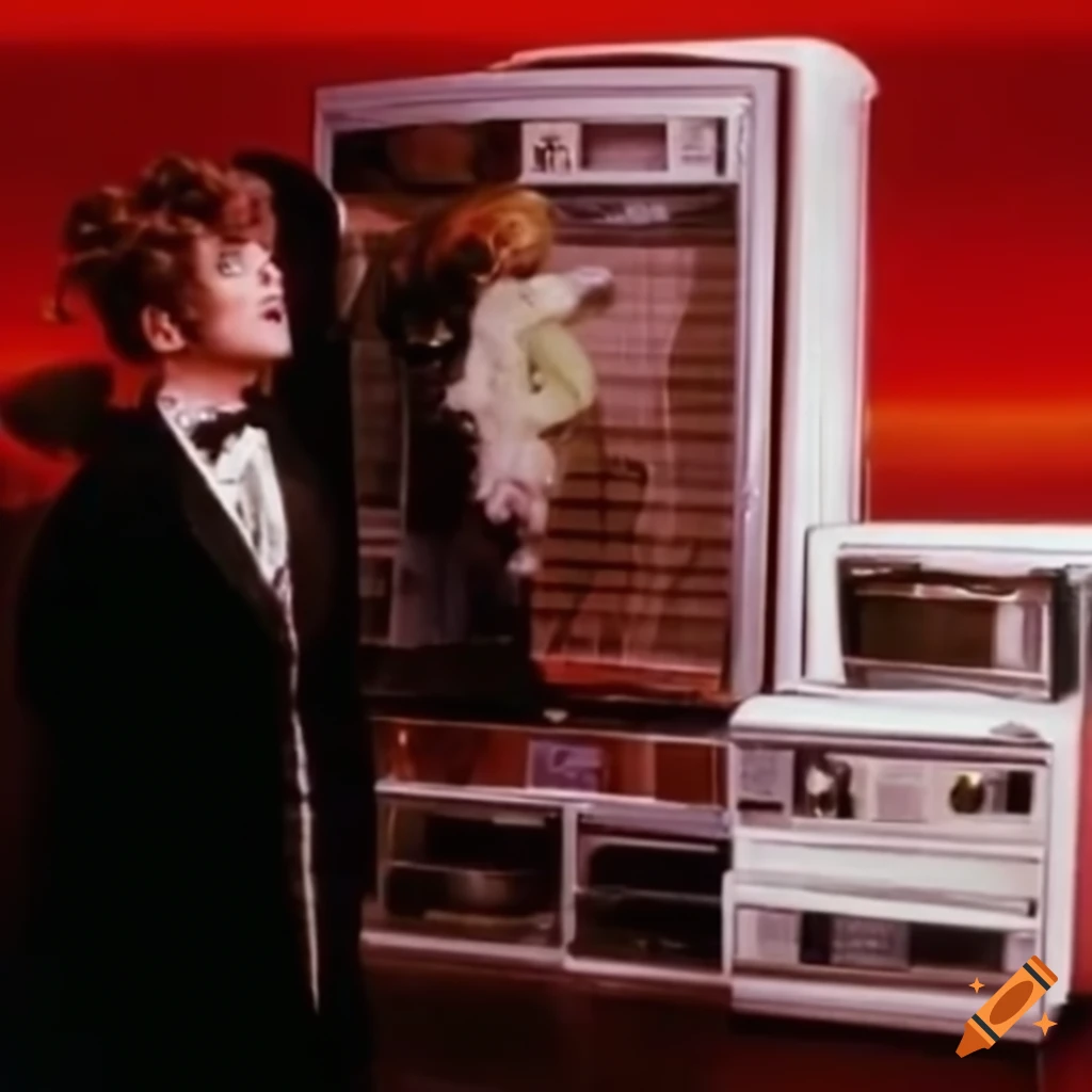 drag queen reviewing home appliances on a TV show