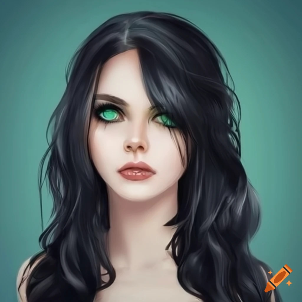 portrait of a beautiful girl with wavy black hair and green eyes