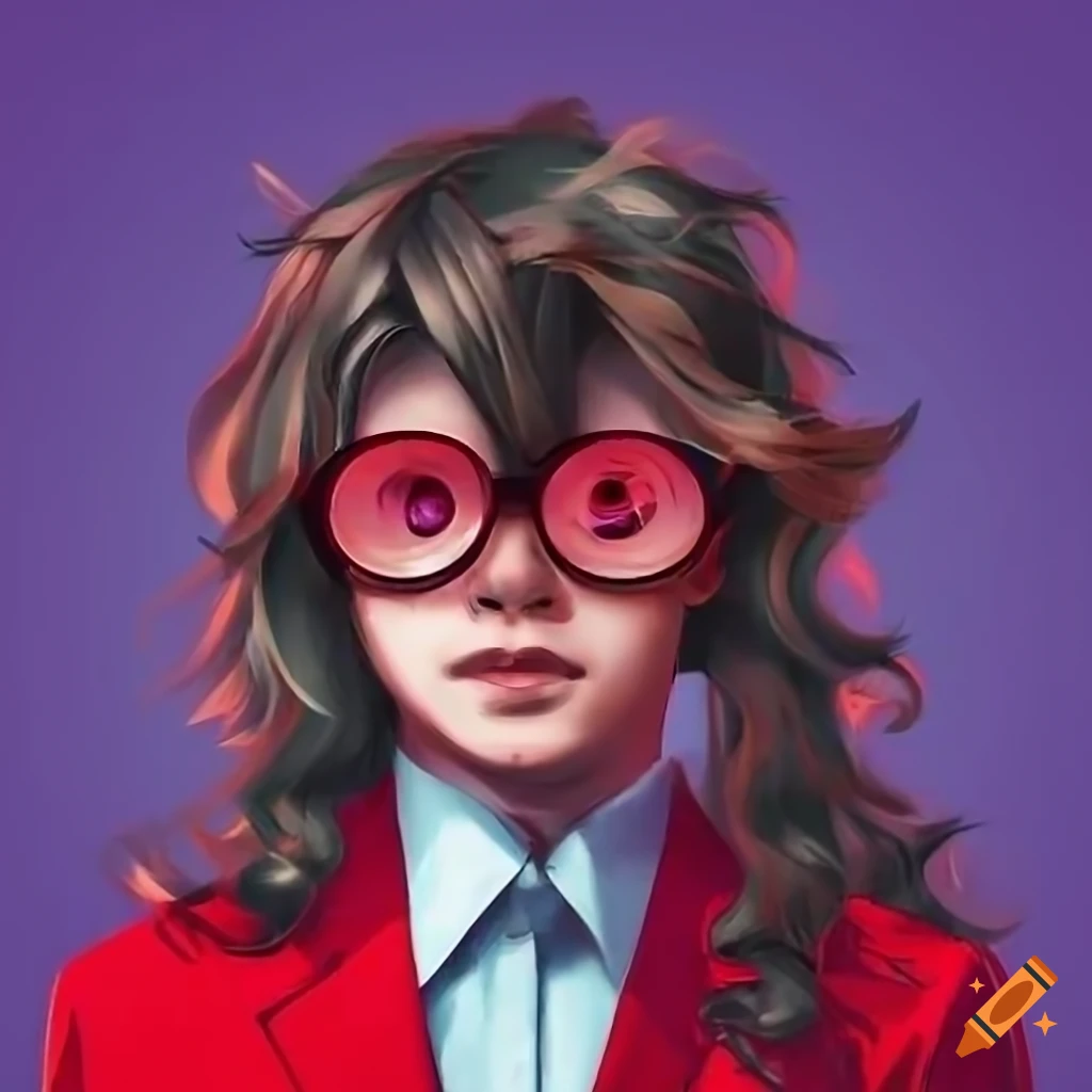 young man in a stylish red suit with circle glasses