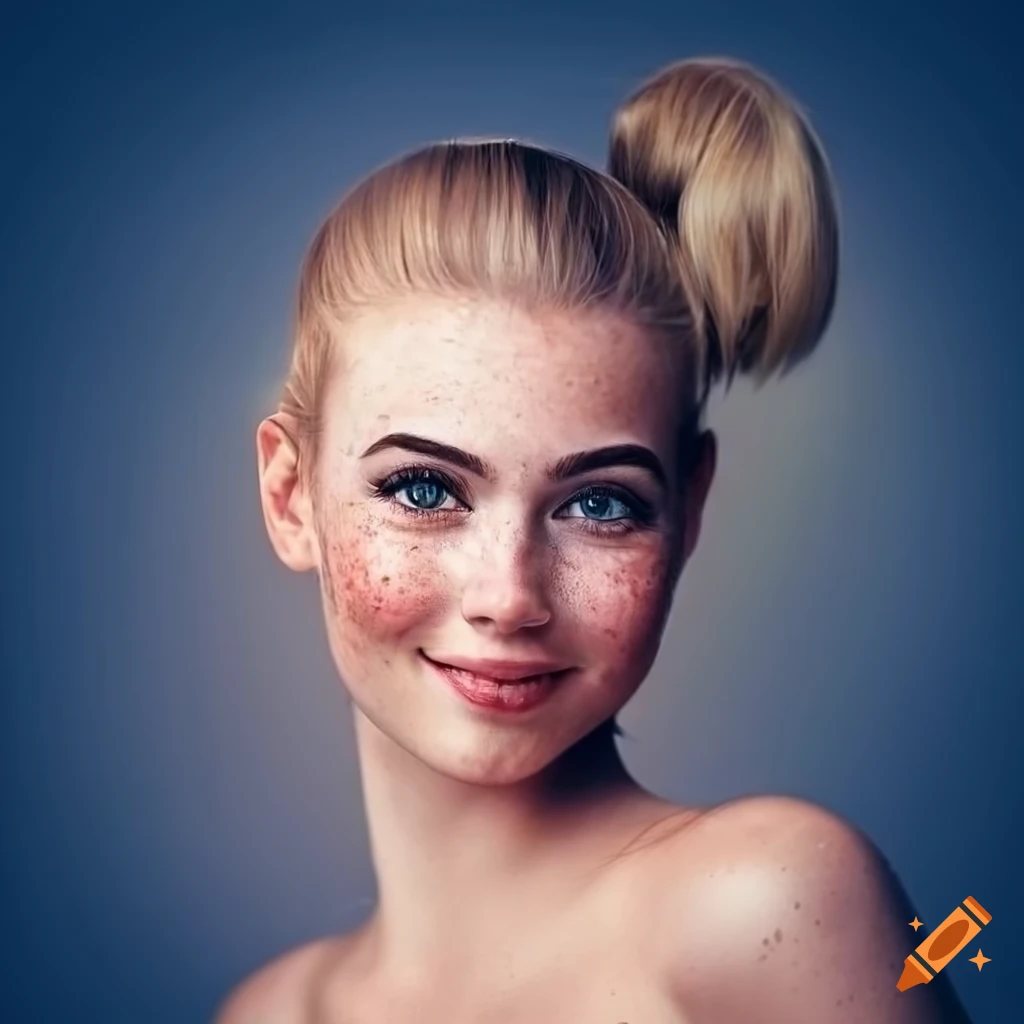 Portrait of a beautiful young woman with blonde hair and freckles on ...
