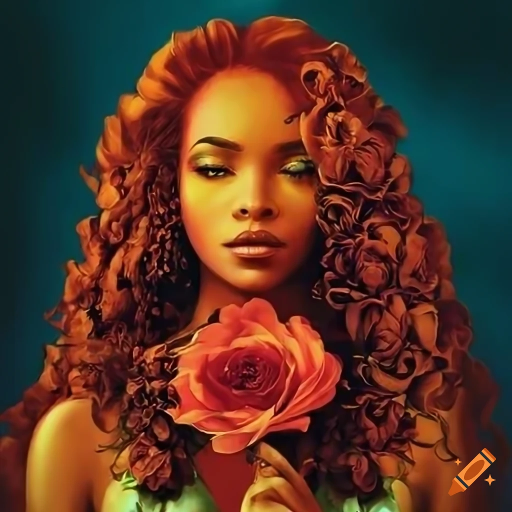 Photo Realistic Depiction Of Three Beautiful Women With Orange Wavy Hair Surrounded By Flowers 