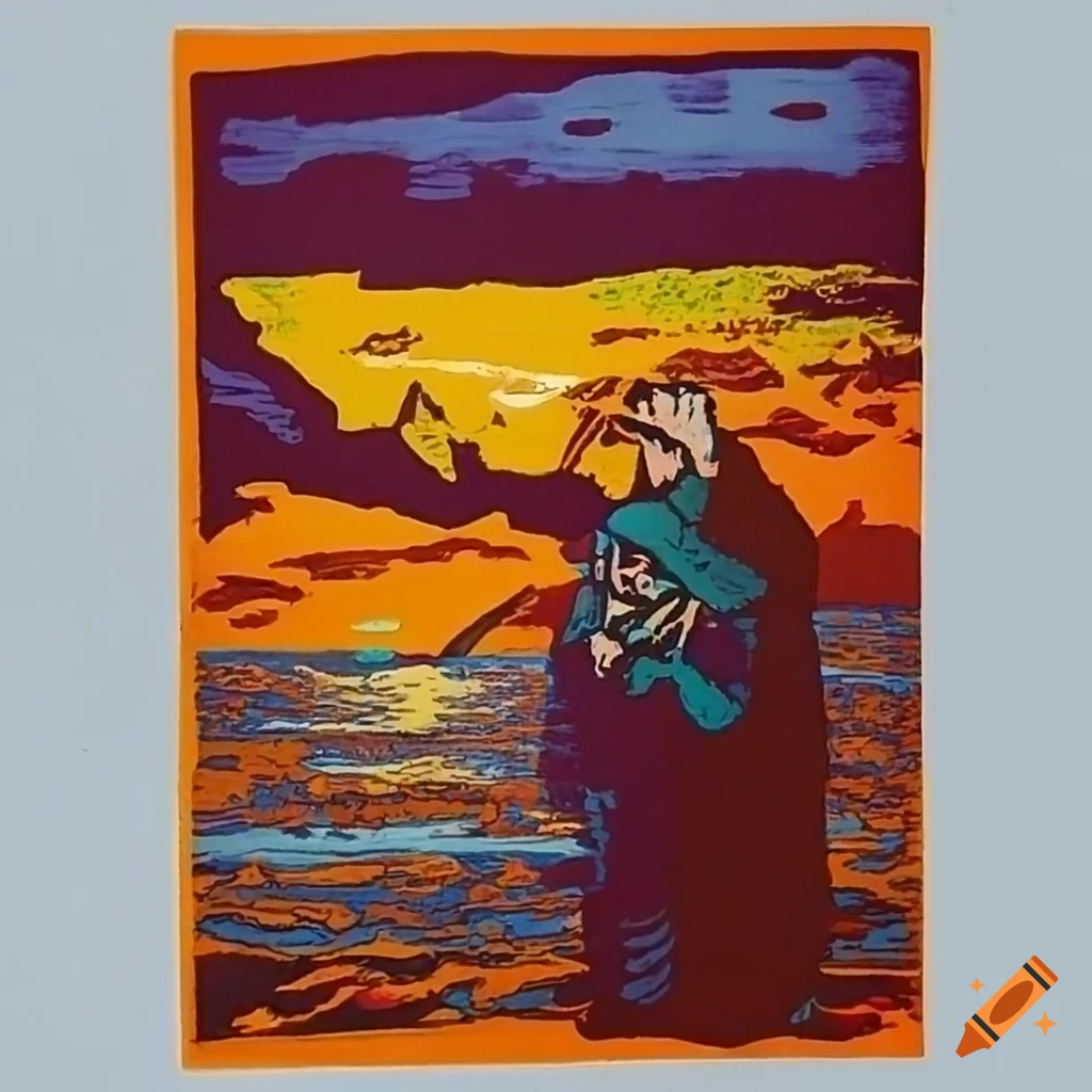Colourful woodcut print of the old man of hoy on Craiyon