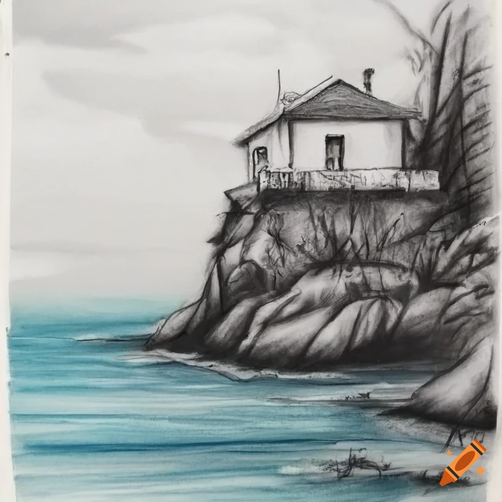 Charcoal drawing of an old white house on a clifftop by the sea on