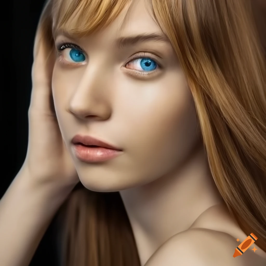 Portrait of a beautiful young woman with golden hair and a shy smile on ...