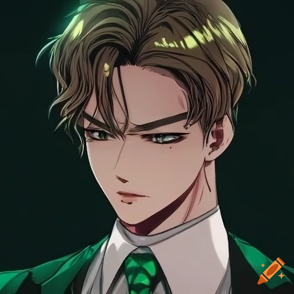 cunning manhwa character in black suit and green tie