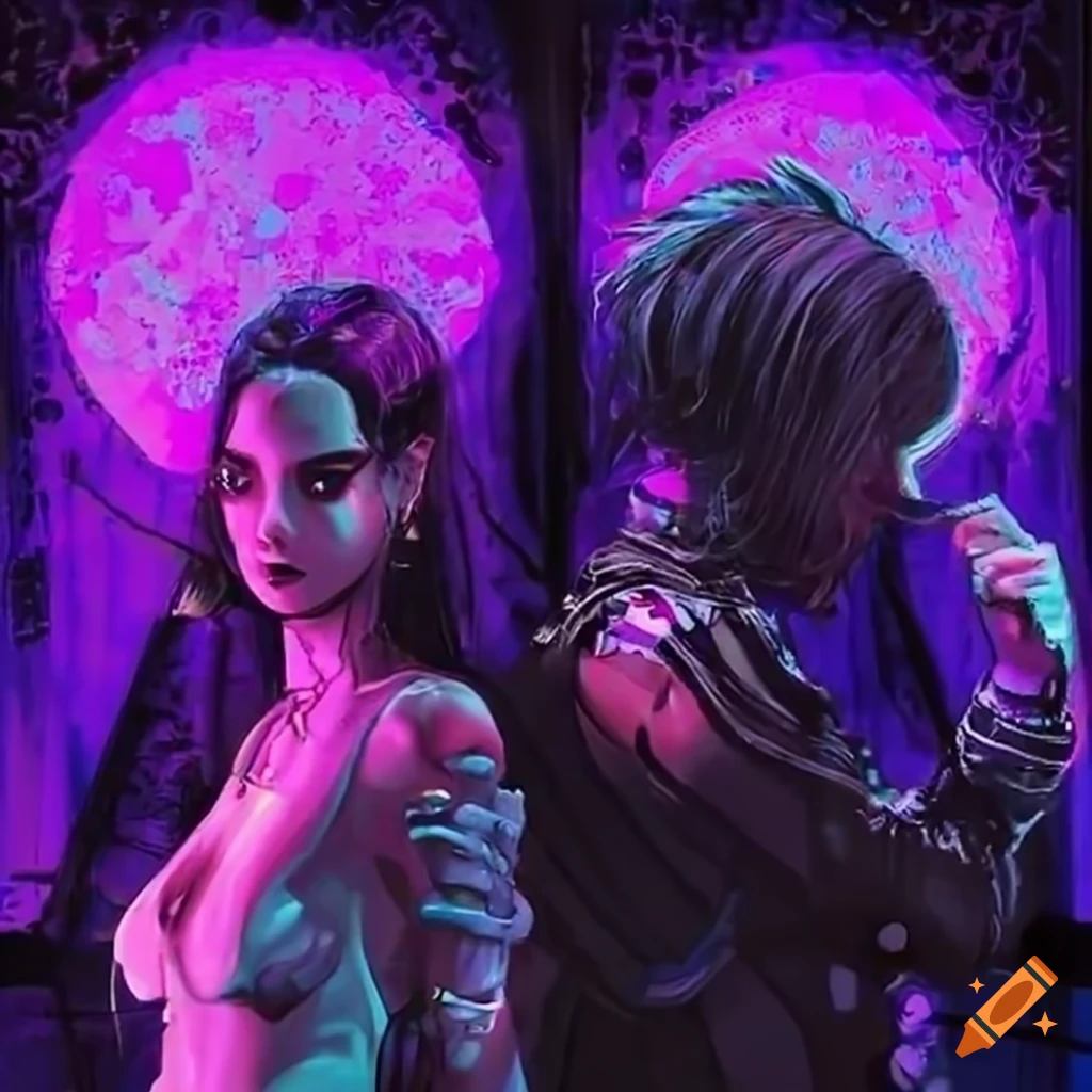 illustration of a purple girl and guy standing back to back