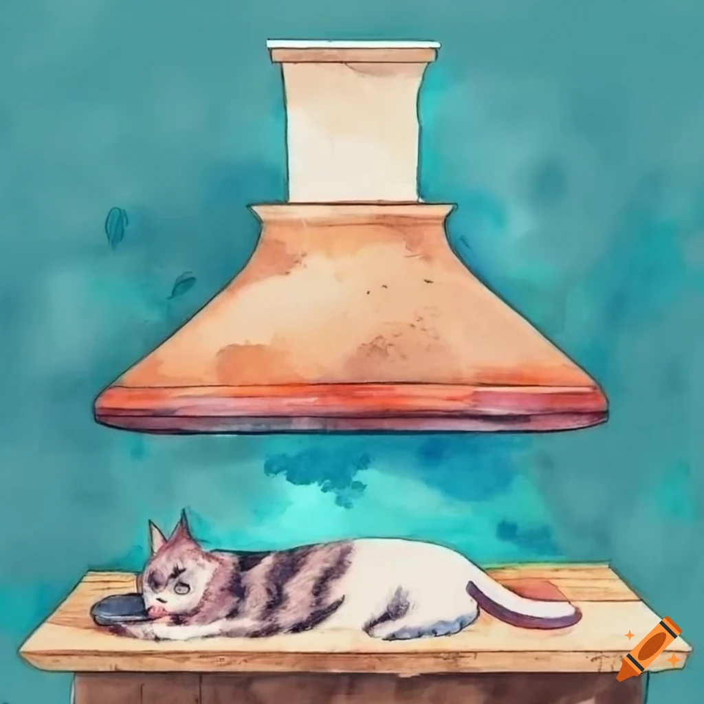 detailed cat sleeping near a modern kitchen hood