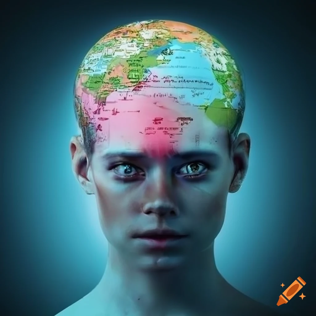 concept art of a human head with a world map