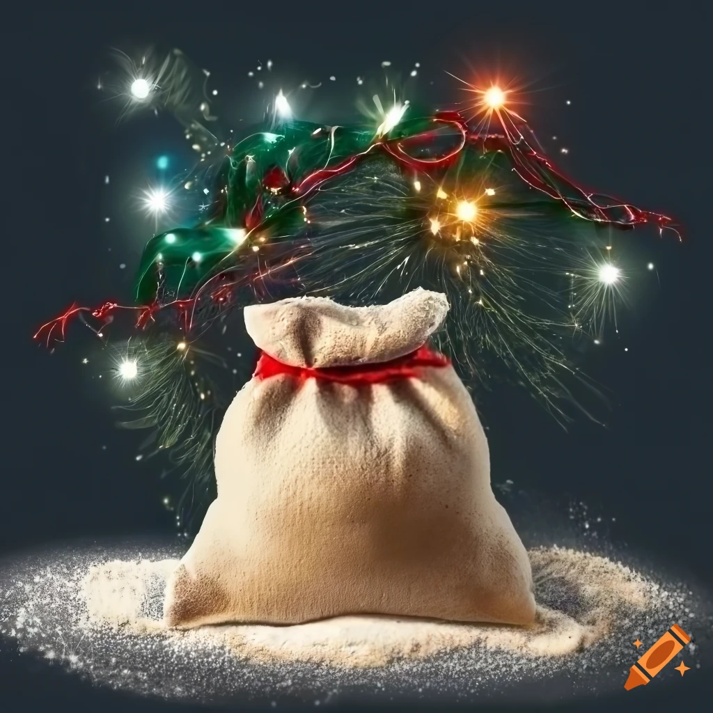Realistic flour bag with christmas lights and tree