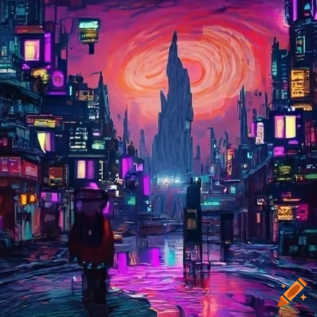 cyberpunk interpretation of a starry night