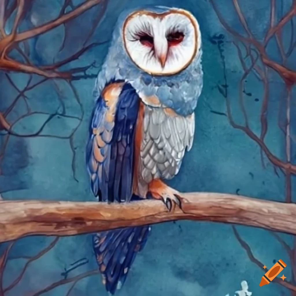 barn owl perched on a branch at night