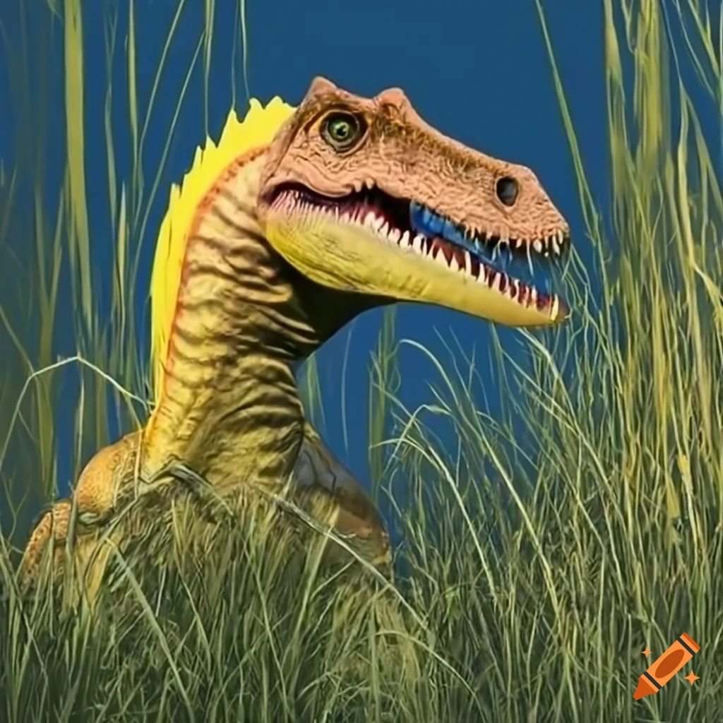 sunny grass with a yellow spinosaurus