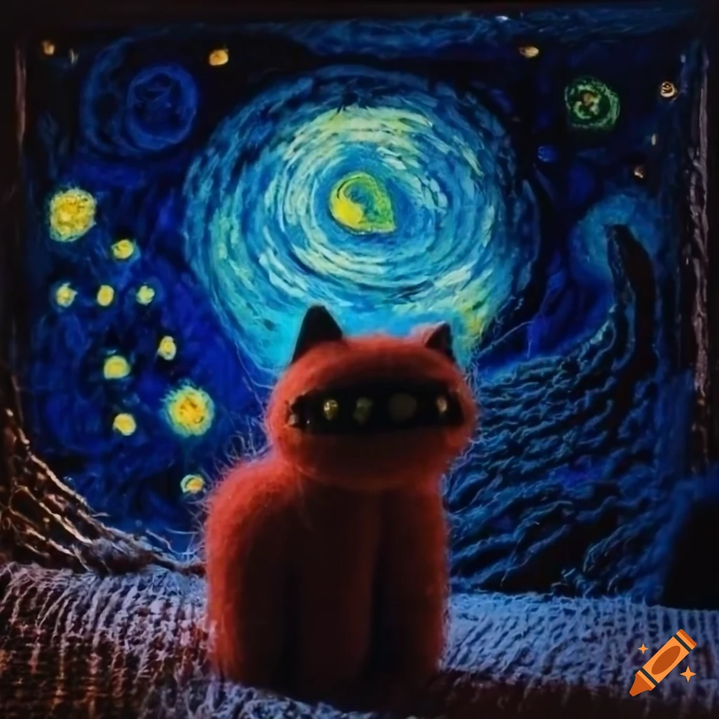 needle felt cat under the starry night