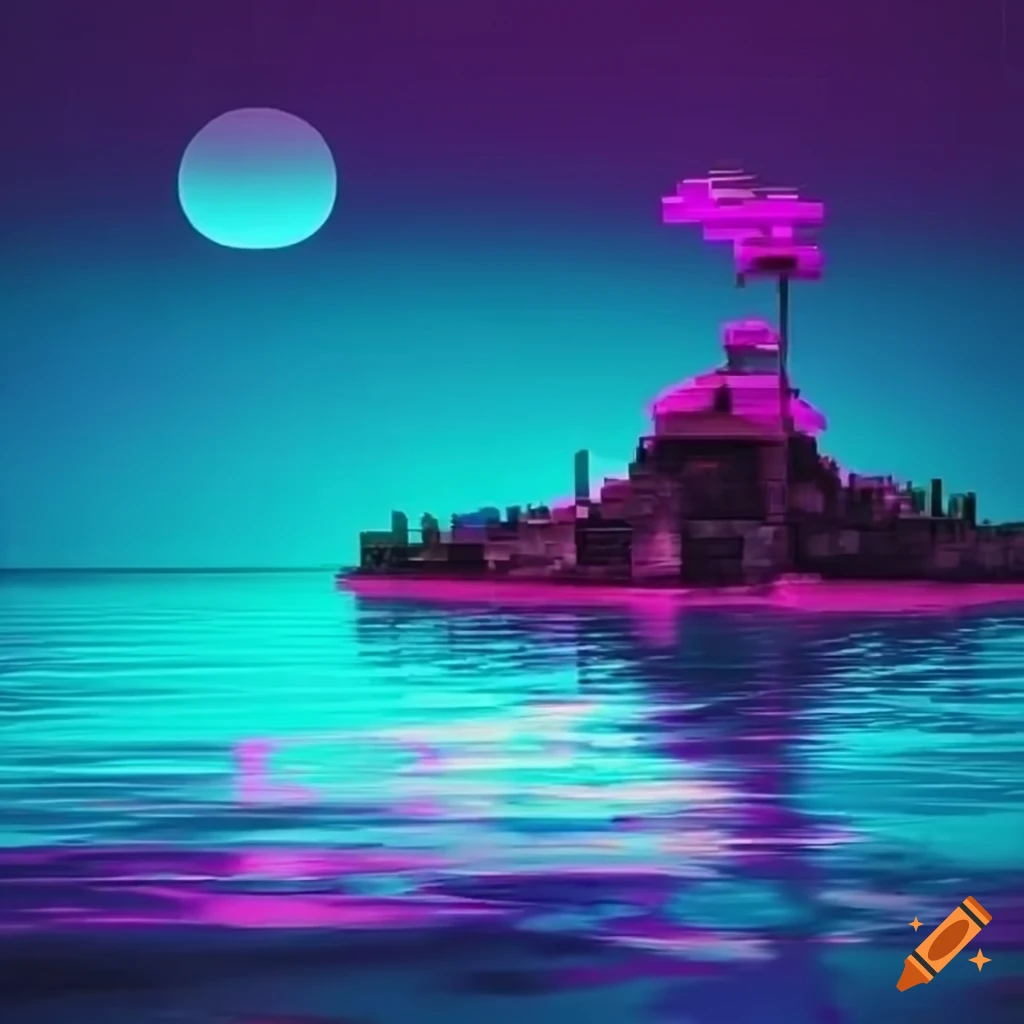 Vaporwaveinspired island with white cube buildings