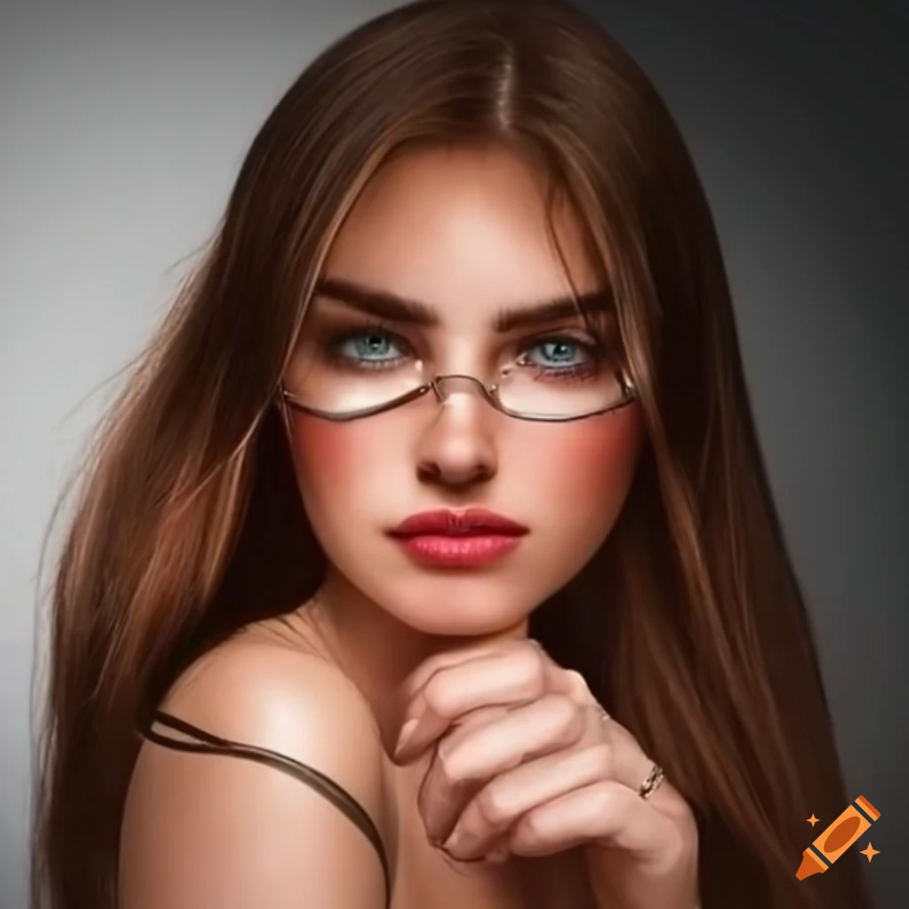 Close-up portrait of a young woman with brown hair and piercing gaze on ...