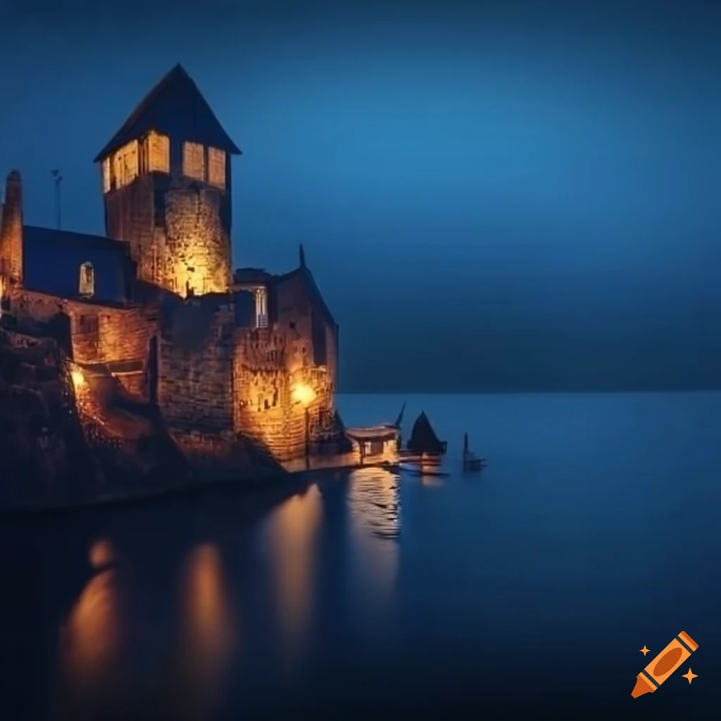 medieval coastal town at night