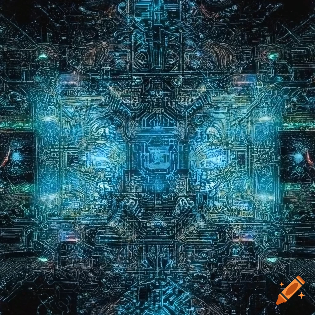 abstract representation of intertwined electronic circuits with constellations of light