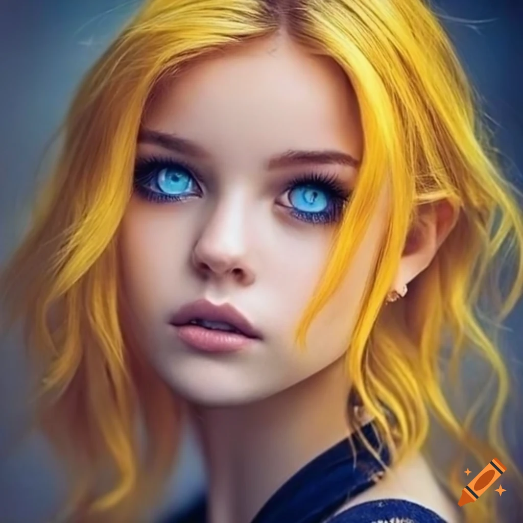 Portrait of a woman with blue eyes and wavy yellow hair on Craiyon