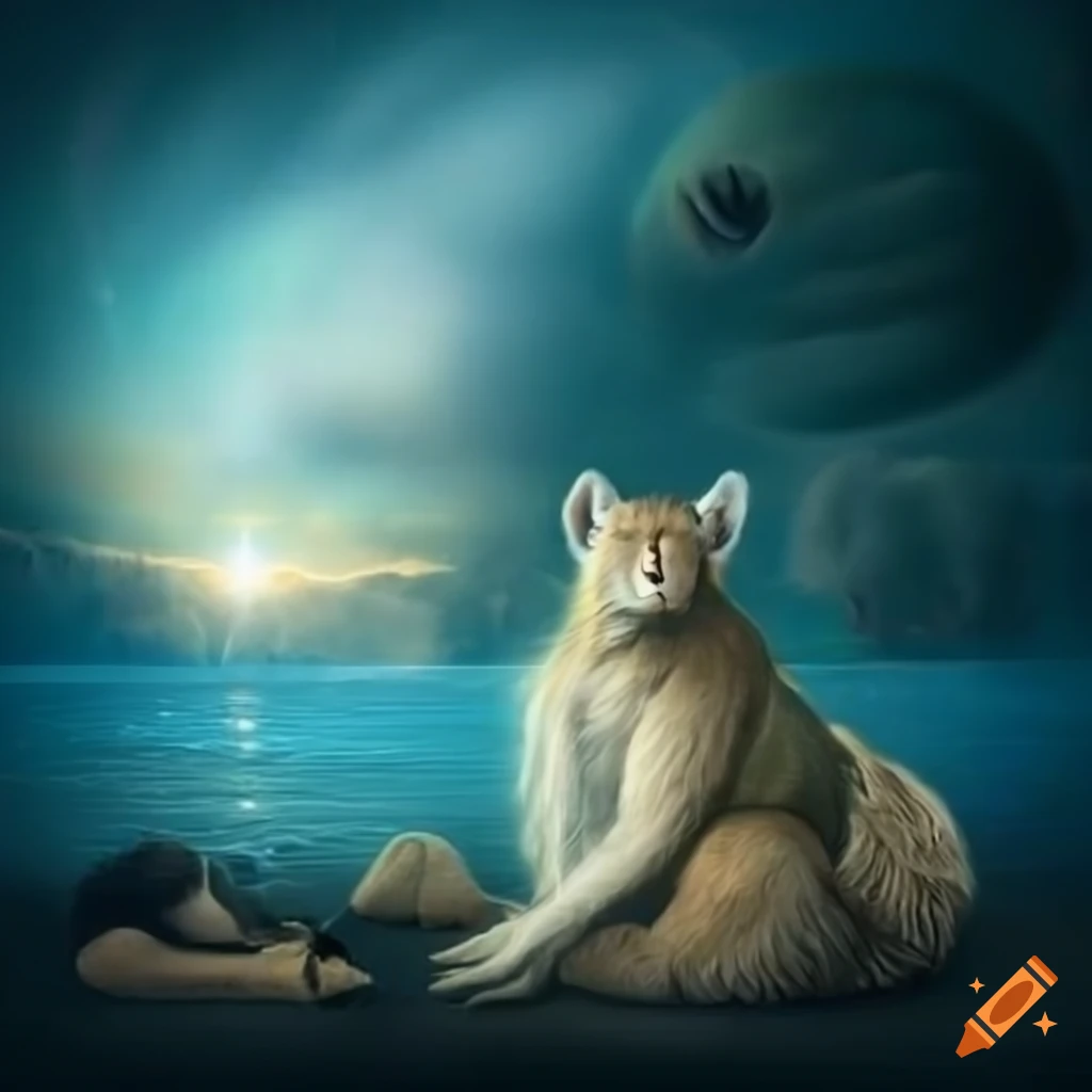 surreal image of sleeping animals surrounded by books