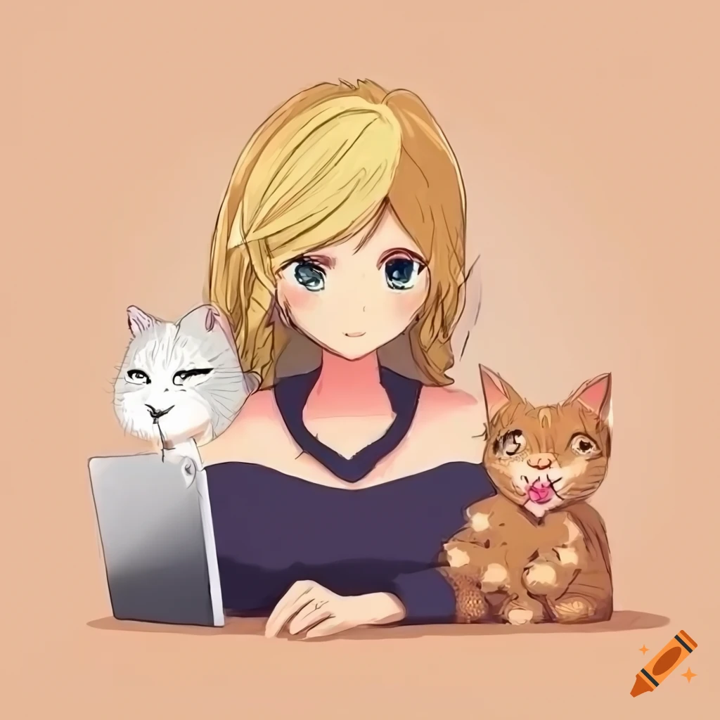 blond woman working at a desk with two cats
