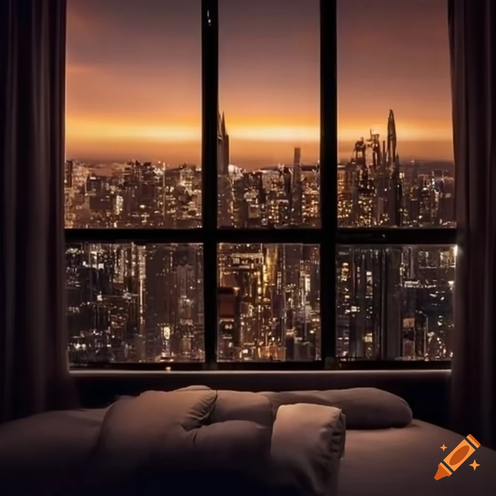 cozy bedroom with a view of city lights
