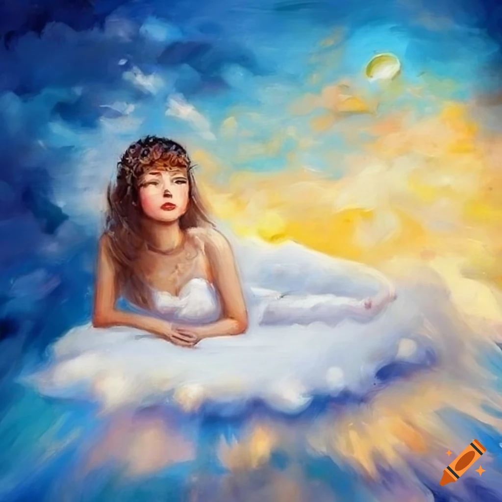 oil painting of a girl lying on a cloud in a bright sky