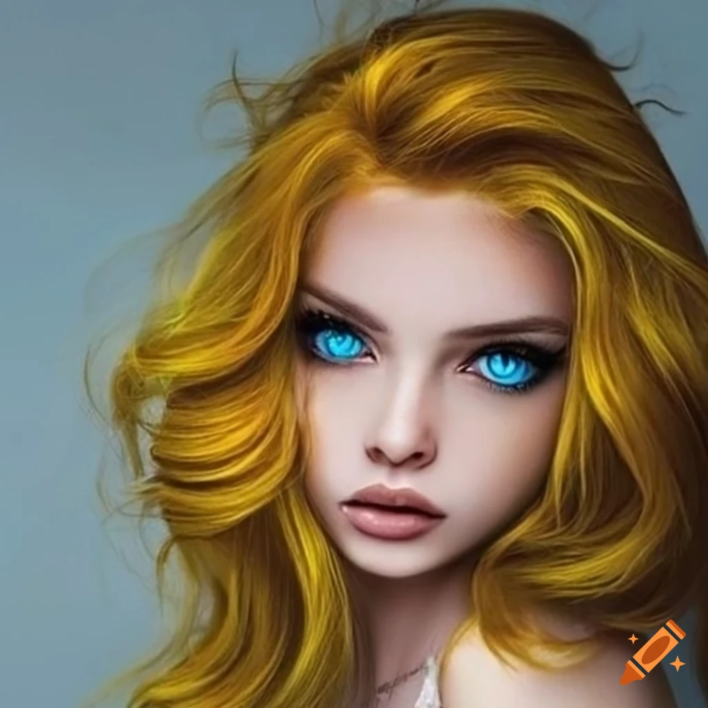 portrait of a woman with blue eyes and yellow wavy hair