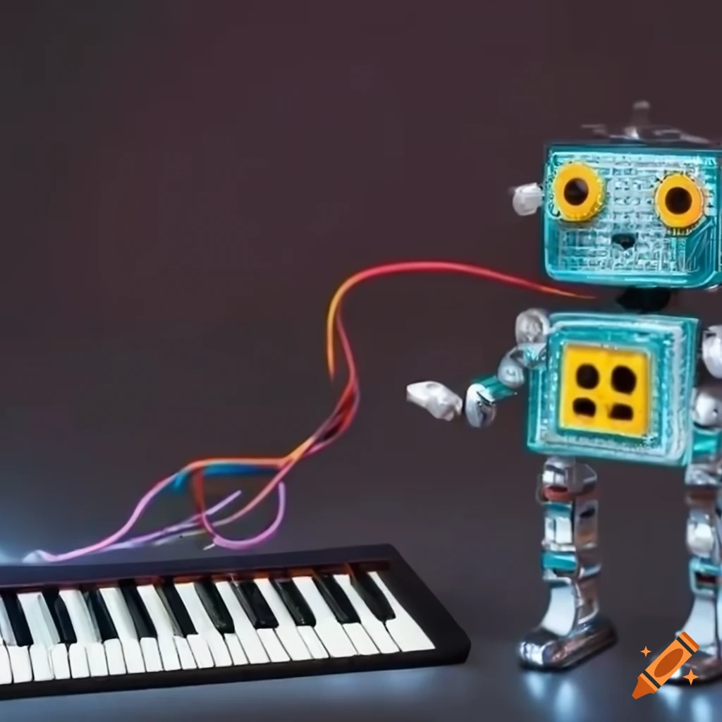 futuristic synth with illuminated buttons and a small robot