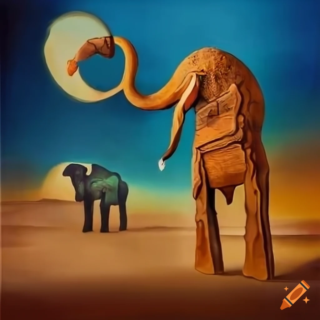 Surreal landscape with a wooden elephant and cactus on Craiyon
