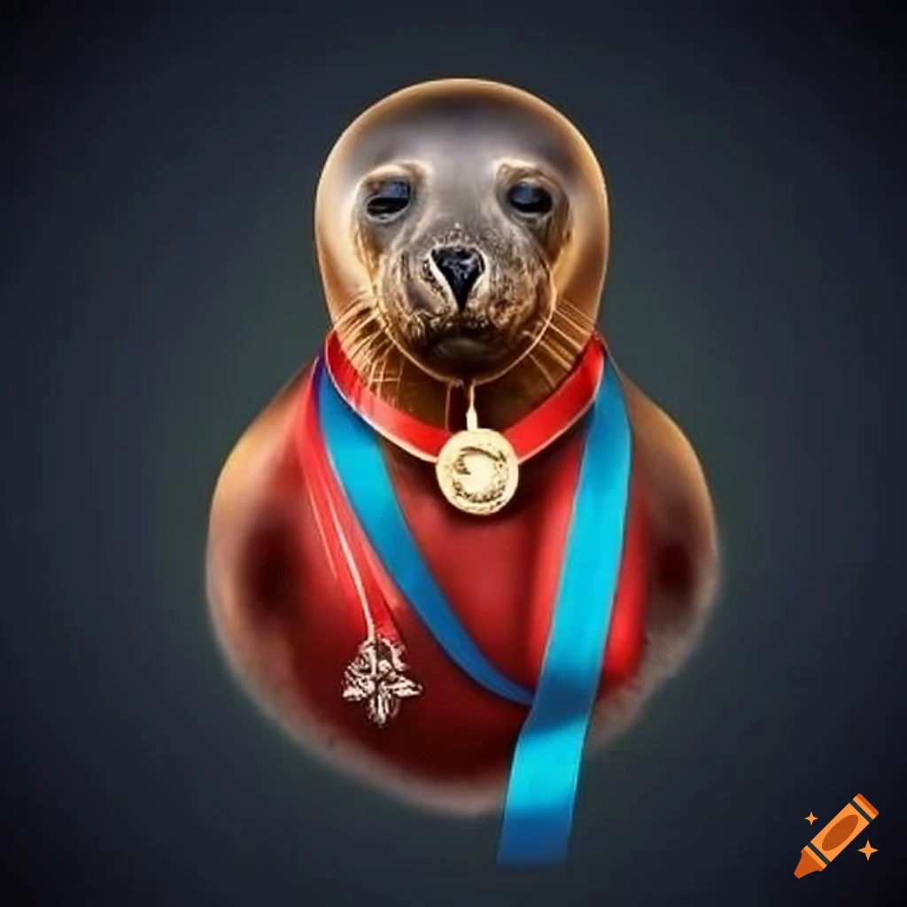 seal with a medal around their neck