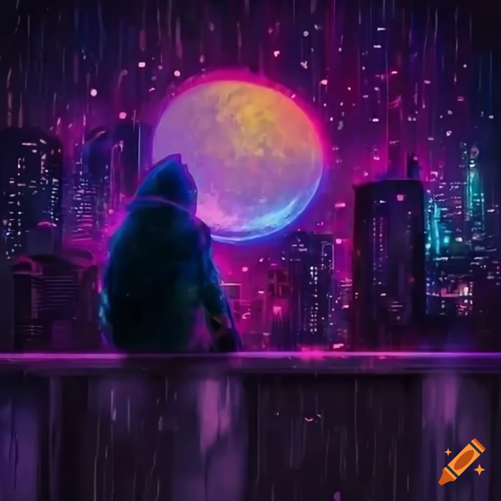 anime character sitting under the moonlight in a city