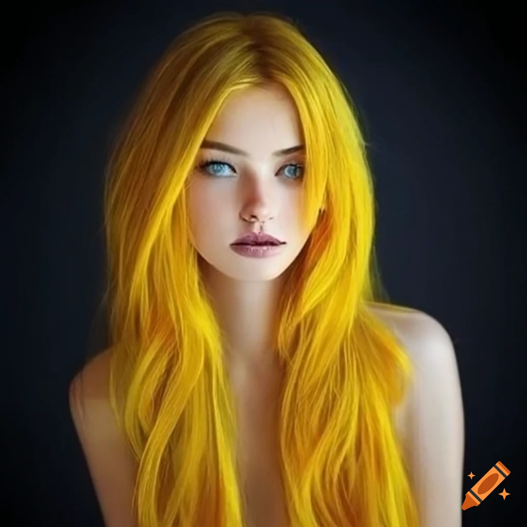 Portrait of a woman with blue eyes and yellow wavy hair