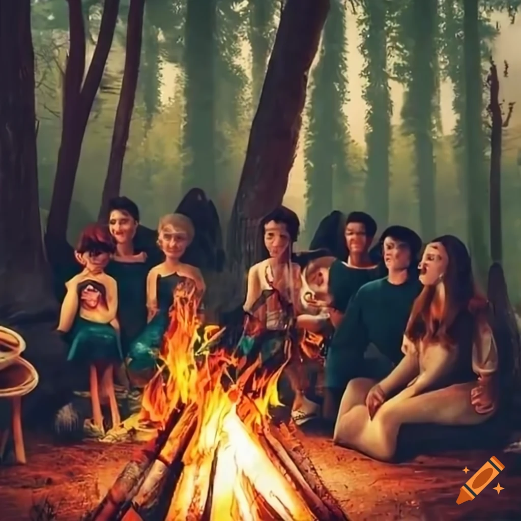 bonfire celebration by the lake in the woods