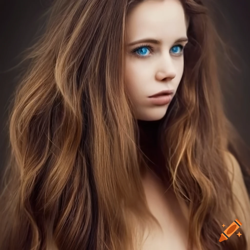 Portrait Of A Young Woman With Wavy Brown Hair And Blue Eyes On Craiyon 3727
