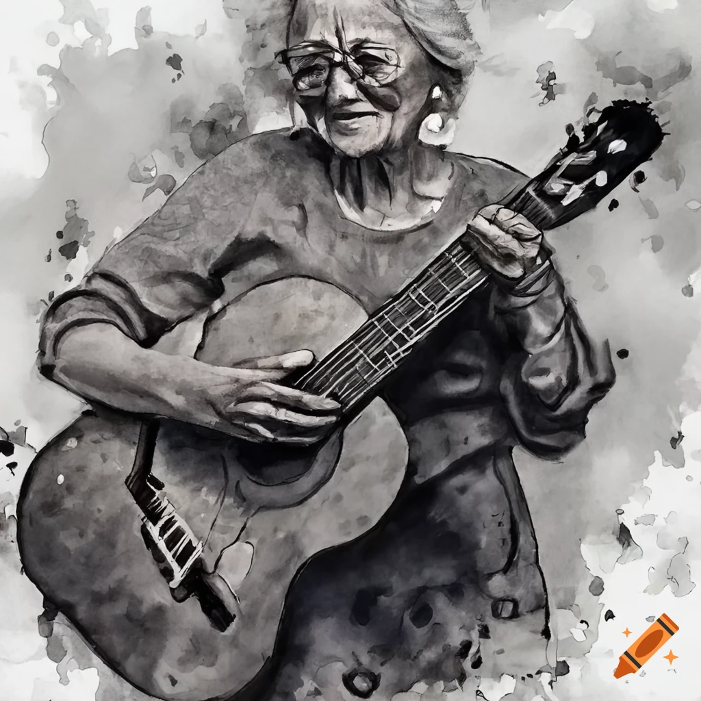 Charcoal drawing of a grandmother playing guitar