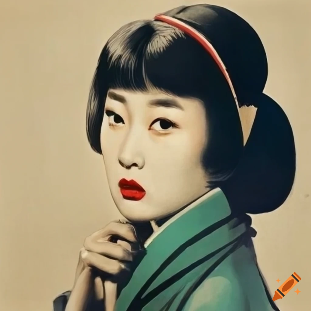 ukiyo-e style drawing of an asian actress in a trenchcoat