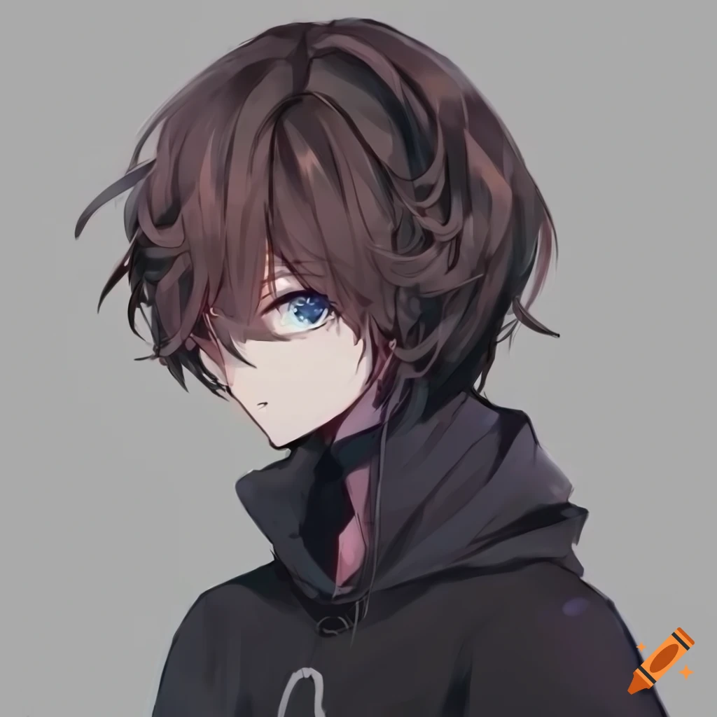anime style illustration of a cute boy in a black hoodie