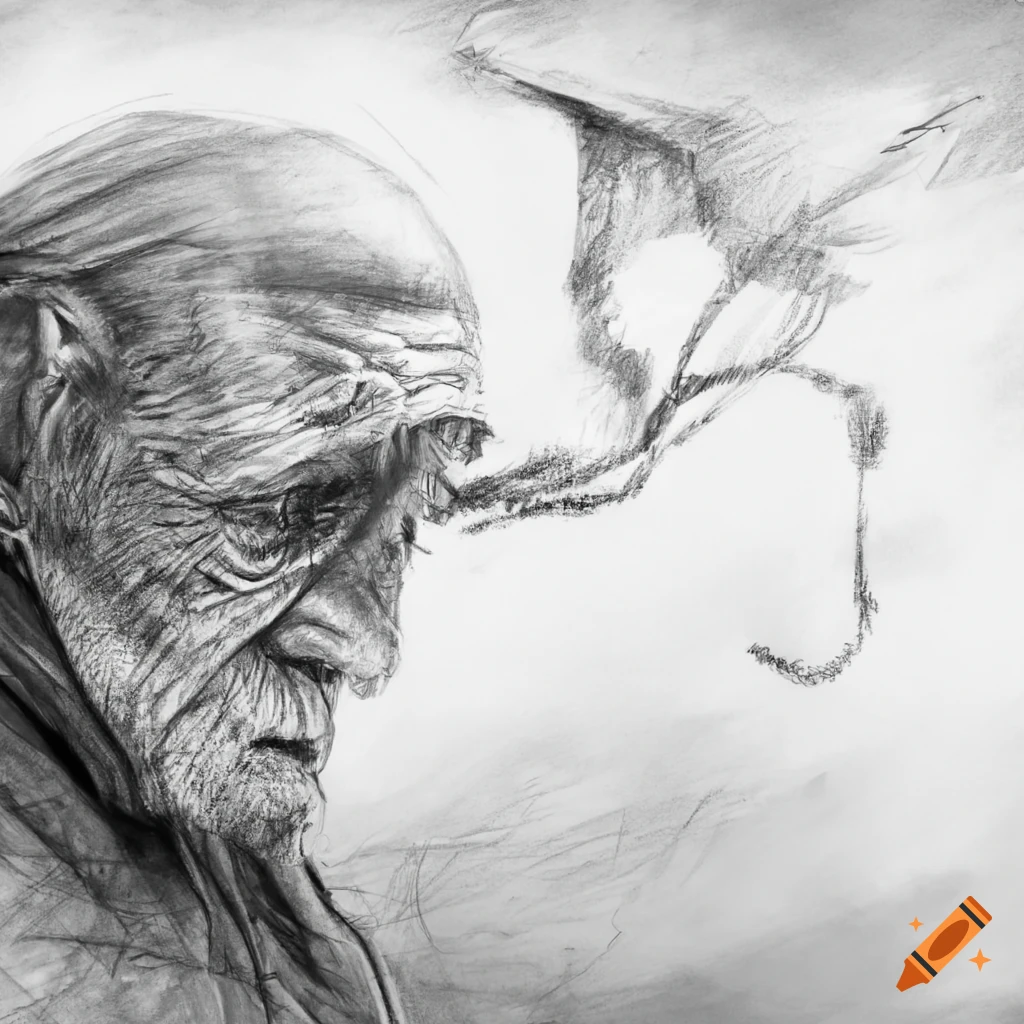 pencil sketch of an elderly man braving the wind