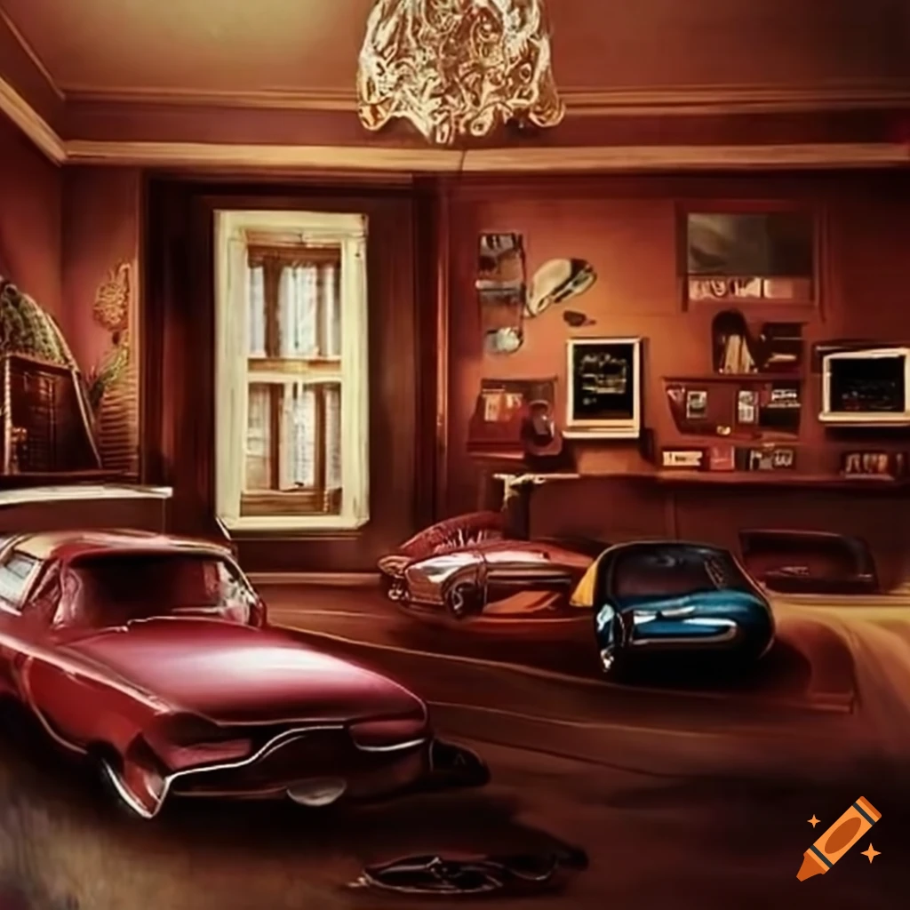 Decorated room with car posters on Craiyon