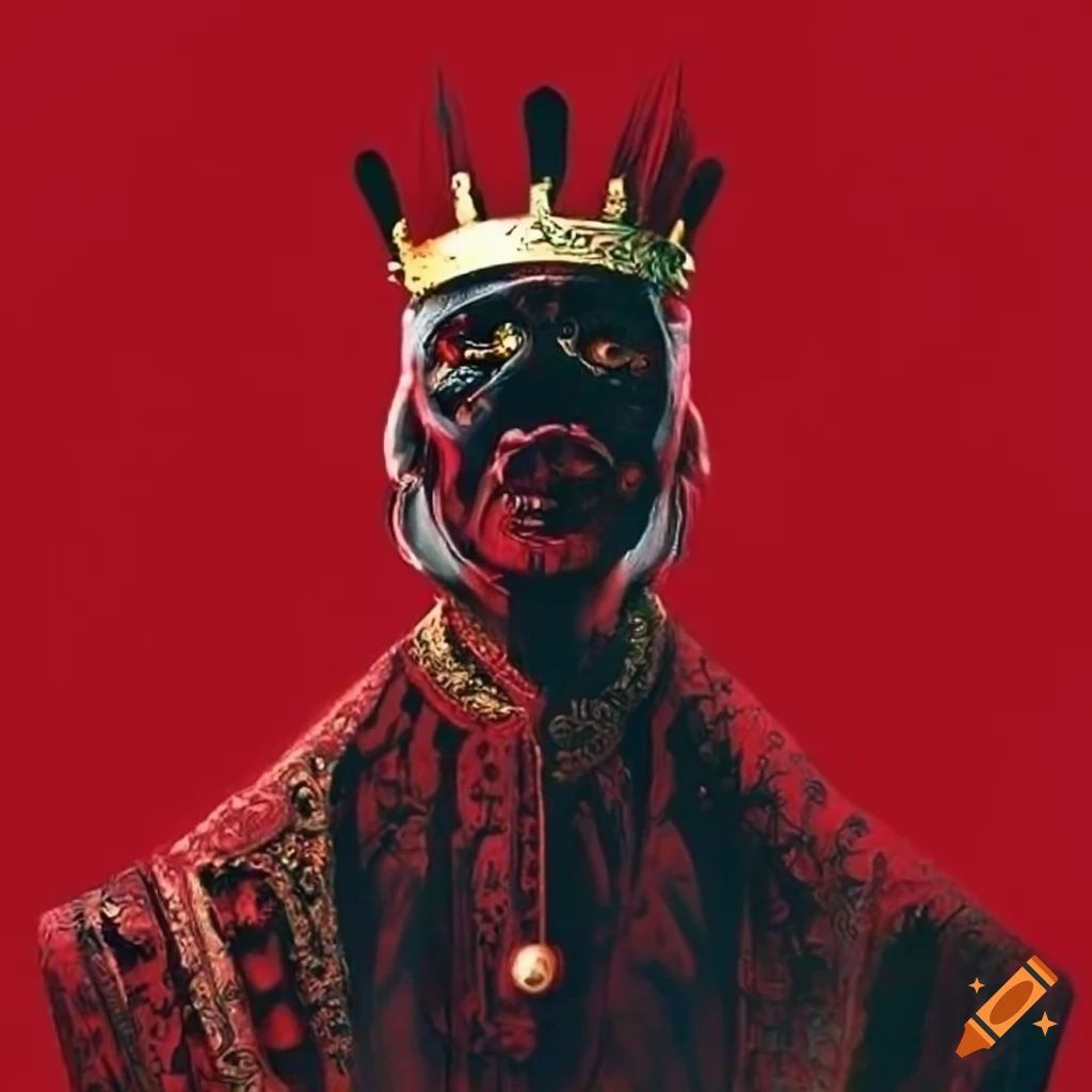 red background with a black silhouette of a king