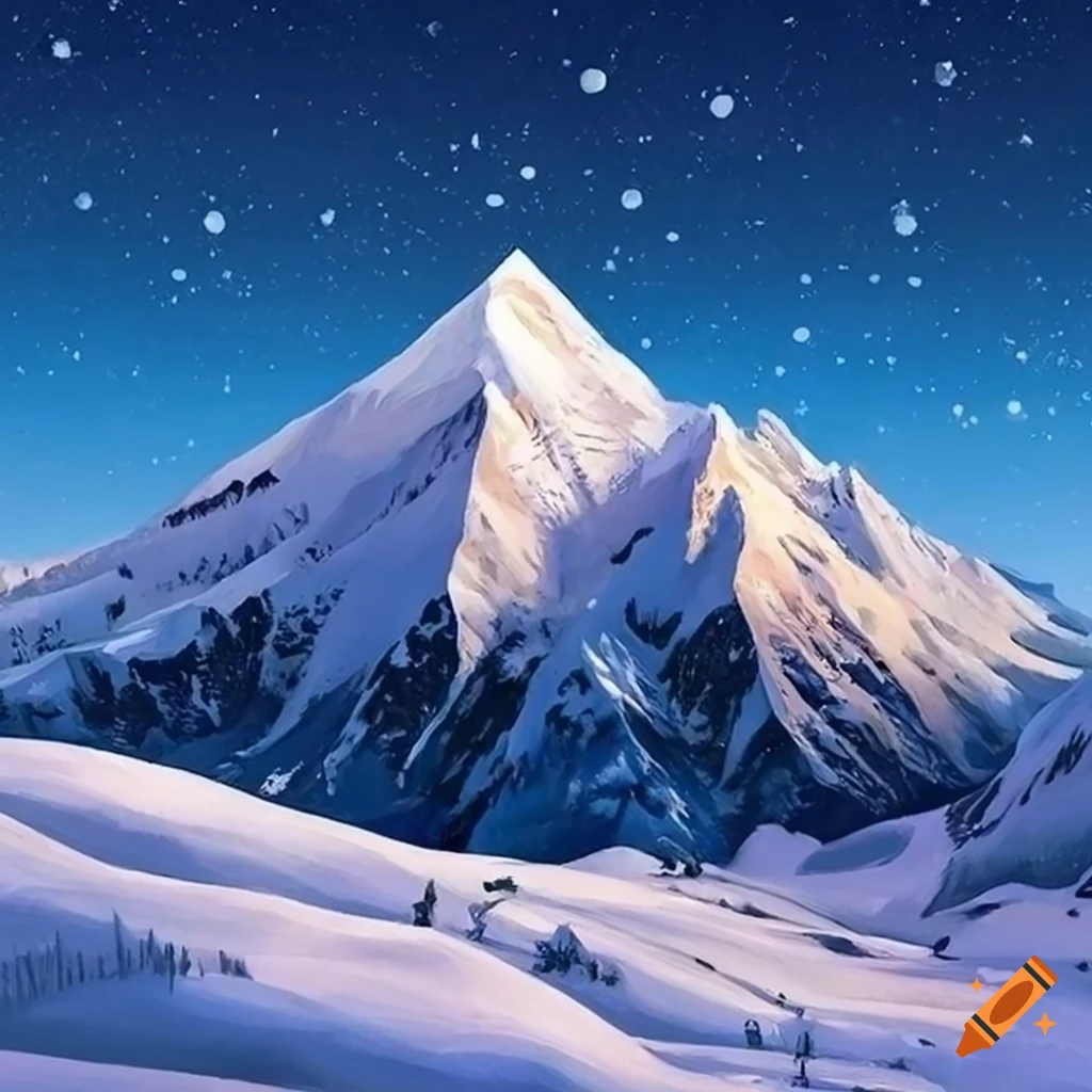 painting of snow-covered peaks under a moonlit sky