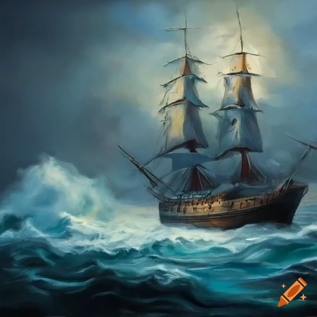 Oil painting of a ship in a stormy sea on Craiyon