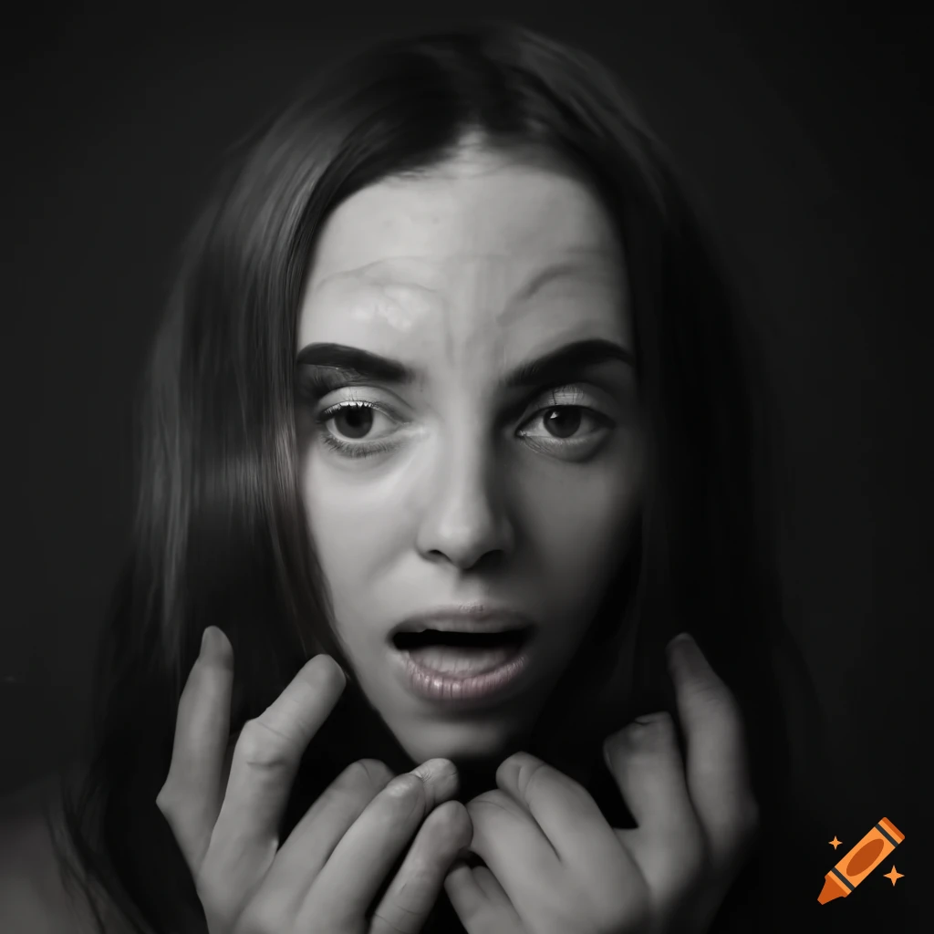 monochromatic image of a terrified woman with raised hands