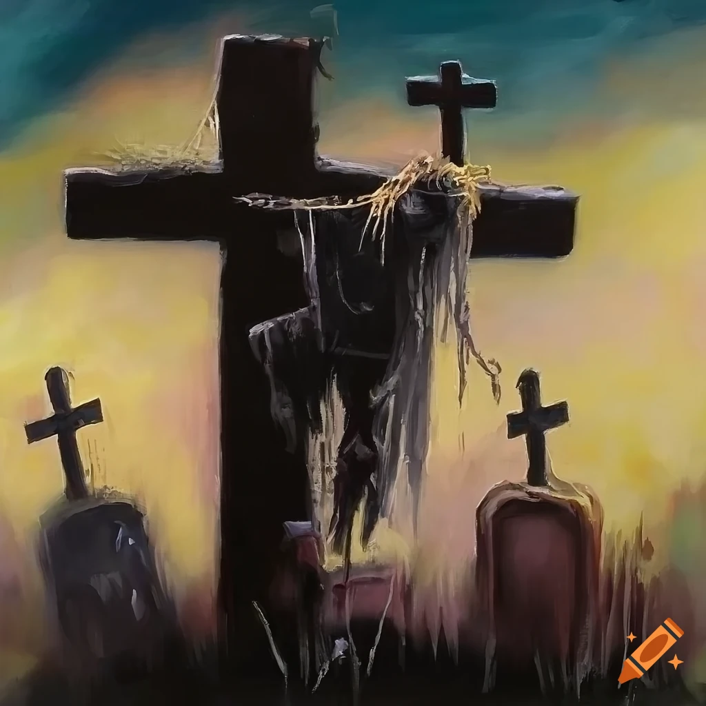 oil painting of a crucified scarecrow in a church graveyard