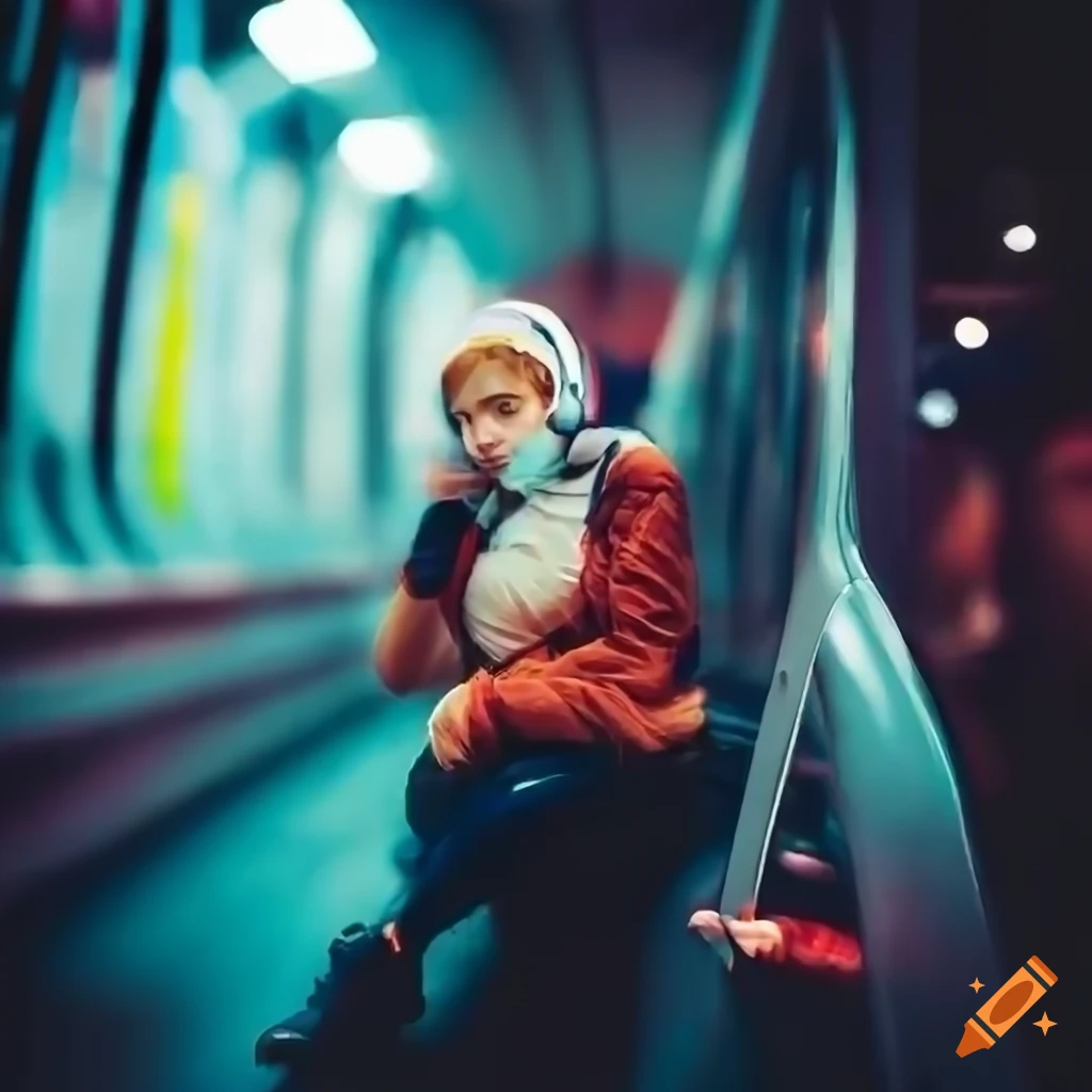girl with headphones sitting in the subway