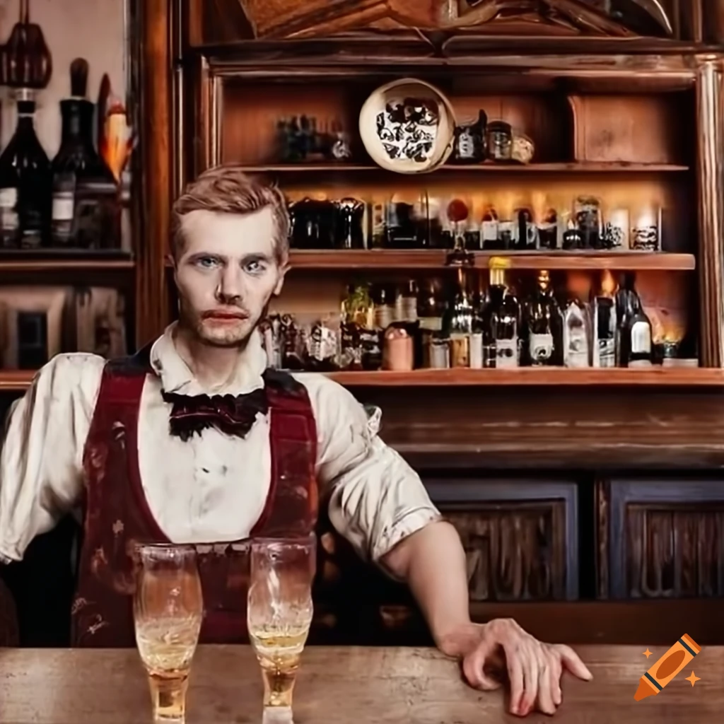 Old pub with bartender cleaning the glass with white towel on background.  Empty name tag badge on the shirt uniform. Barman at his working place.  Stock Photo