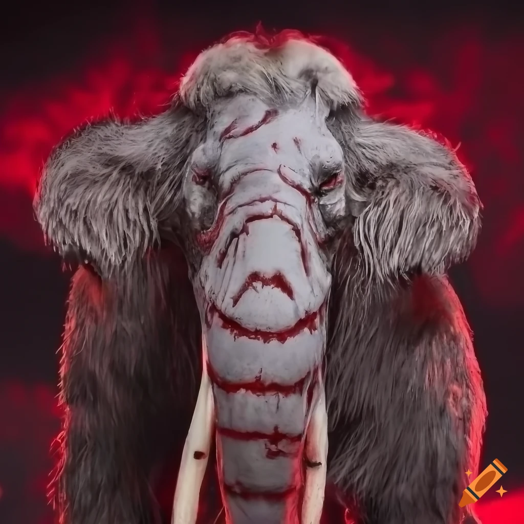 closeup of an angry wooly mastodon with battle scars