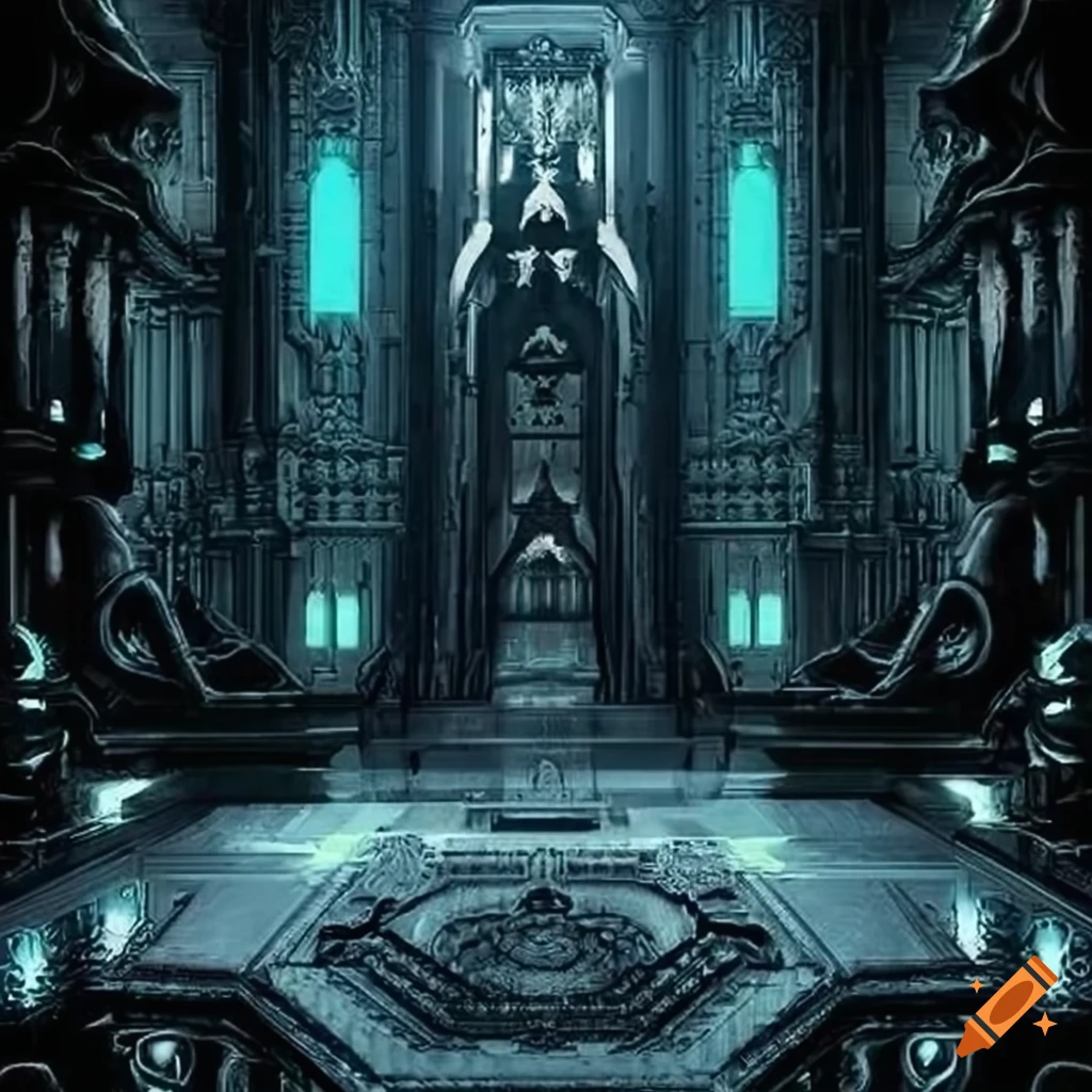 Image of a dark futuristic palace throne room