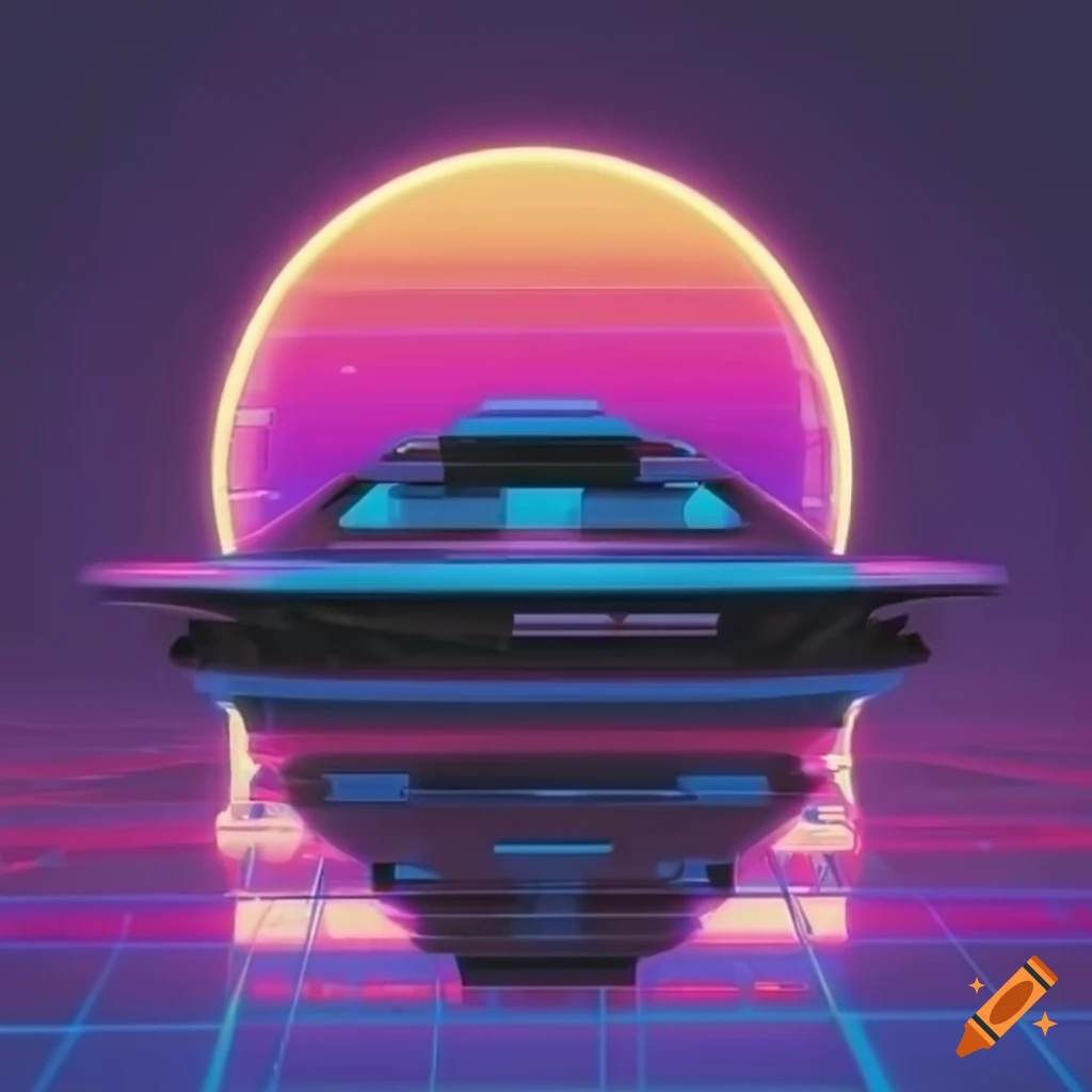 realistic spaceship in 1980s synthwave style
