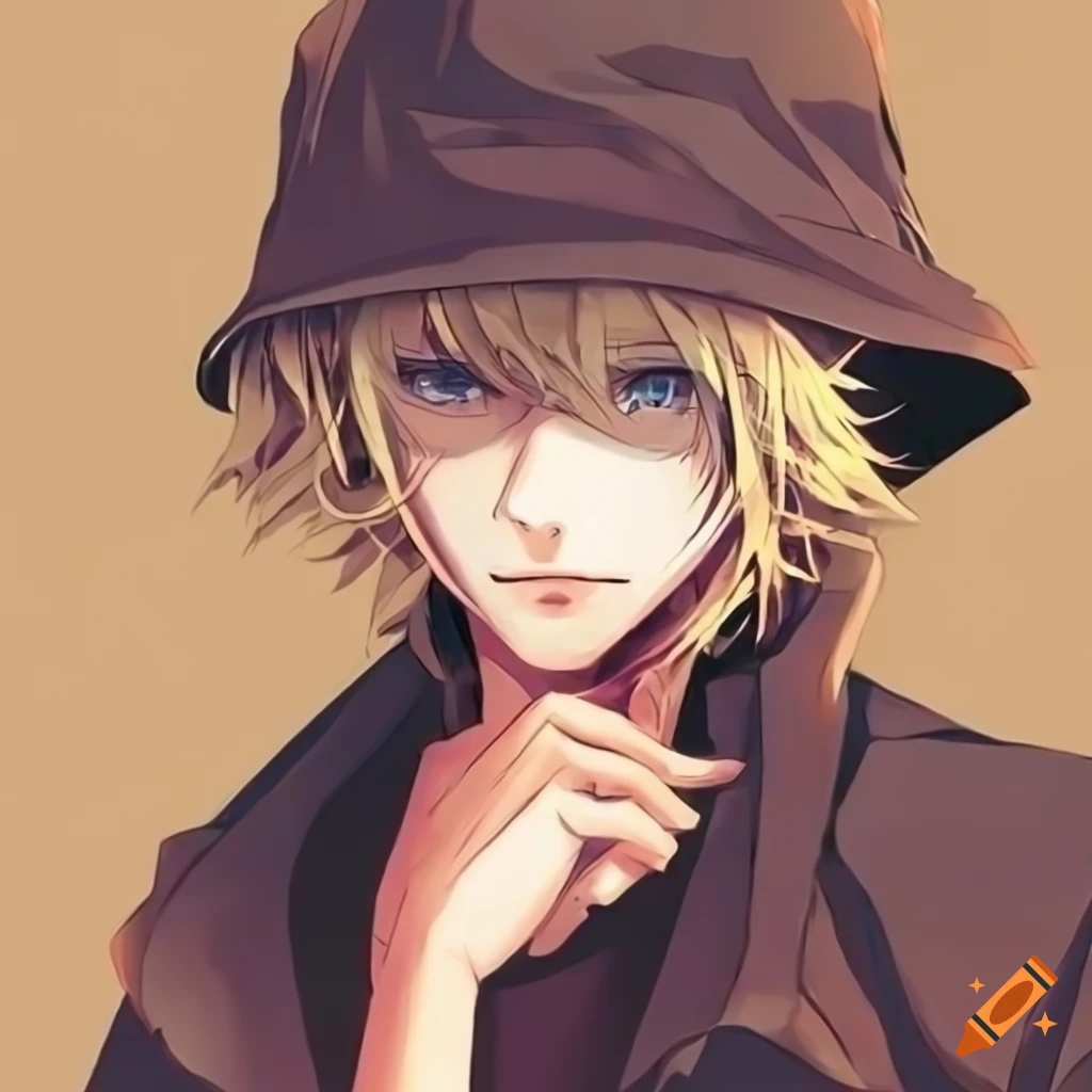 trendy anime character with blonde hair and bucket hat
